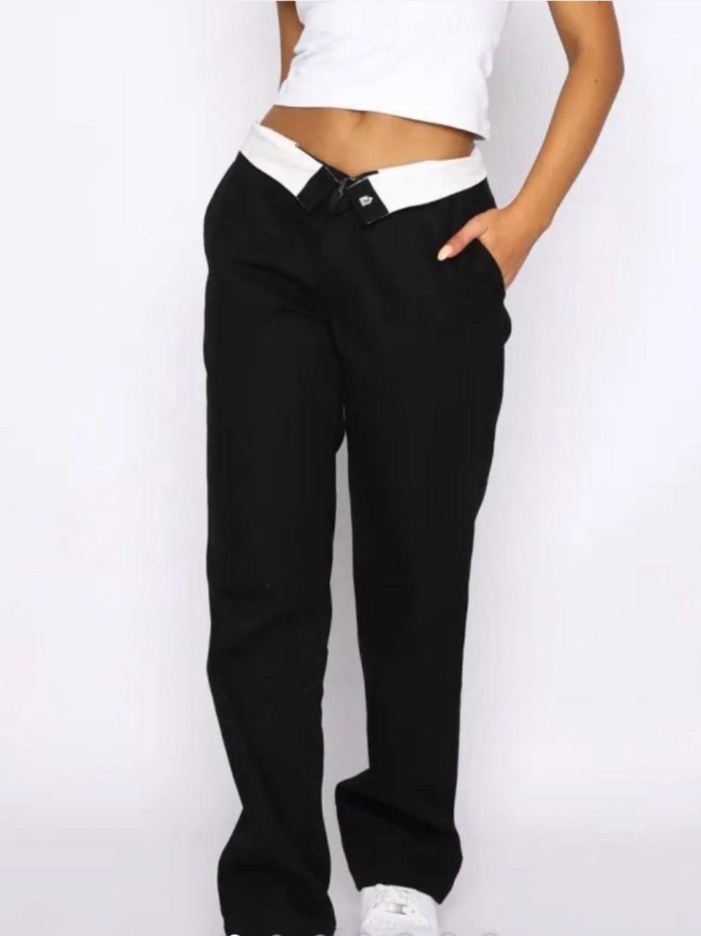 White Fox Black Wide-Leg Pants with White Waistband